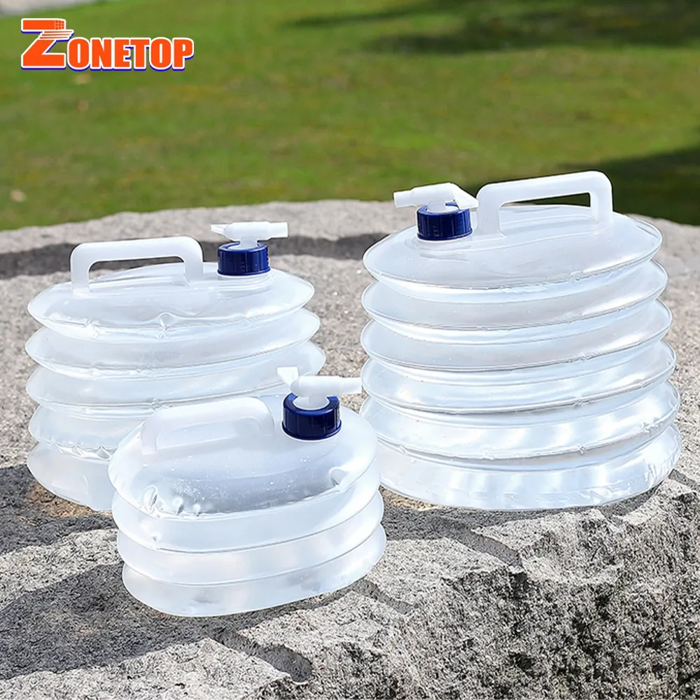 Venta al por mayor reutilizable 5 L 10 litros 15 litros Camping portátil plegable contenedor de plástico bolsa de agua plegable con grifo