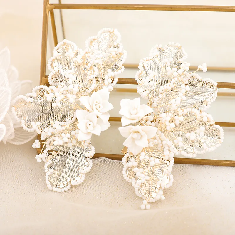 Bridal Wedding Hair Clips Women Ceramic Flower Wedding Hair Clips Handmade Bridal Bead Earrings And Hair Clips Jewelry Sets