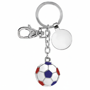 Porte-clés ballon de football personnalisable avec logo bleu/blanc/rouge, en cuir, silicone et PVC souple, avec éléments métalliques - Product Image 2