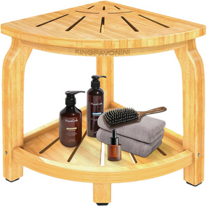 Tabouret d'angle en bambou en forme d'éventail 35,5x35,5x42 cm, siège de douche avec étagère pour les essentiels de bain - Product Image 5