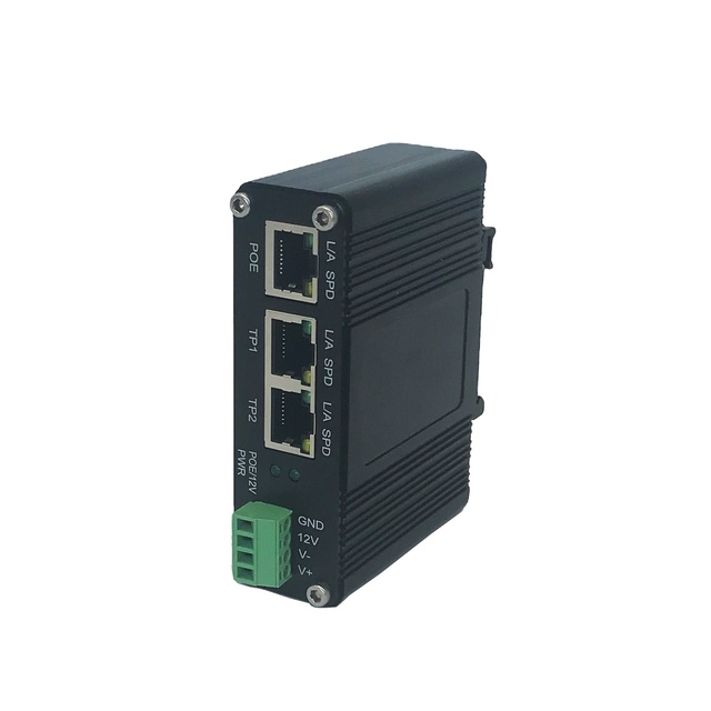 Industrial IEEE802.3af/at PoE Splitter with 2-port switch function, output voltage 12VDC