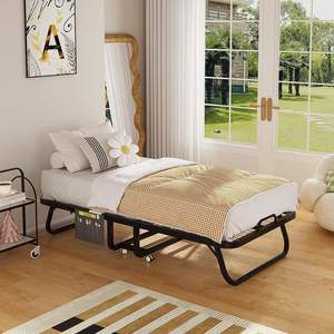 ミニマルメタル折りたたみベッドフレーム収納ポケット付き & <span class=keywords><strong>4</strong></span>キャスター付き簡単ポータブル発泡マットレス寝室用 - Product Image 5