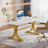 Bureau d'ordinateur de direction moderne en bois faux marbre de 63 '', grand bureau de luxe pour la maison avec pieds en métal élégants