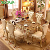 Ensemble de table à manger de luxe avec plateau en marbre, table rectangulaire en bois massif, 6 chaises, style européen, ensemble de table à manger dorée