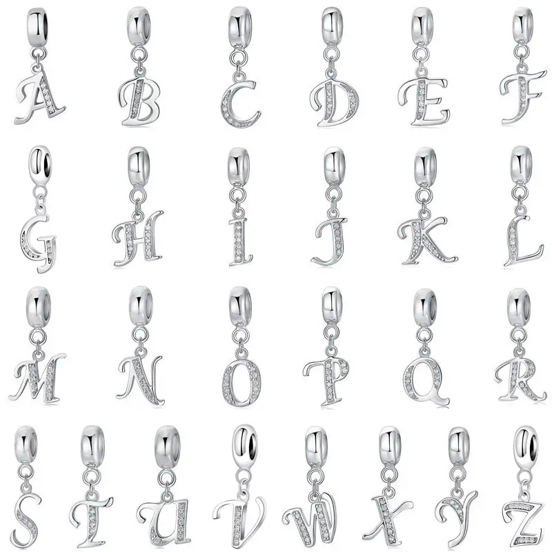 Pingente de prata esterlina A-Z letras do alfabeto, pingentes de zircônia, charme inicial para pulseiras, colares para fazer jóias