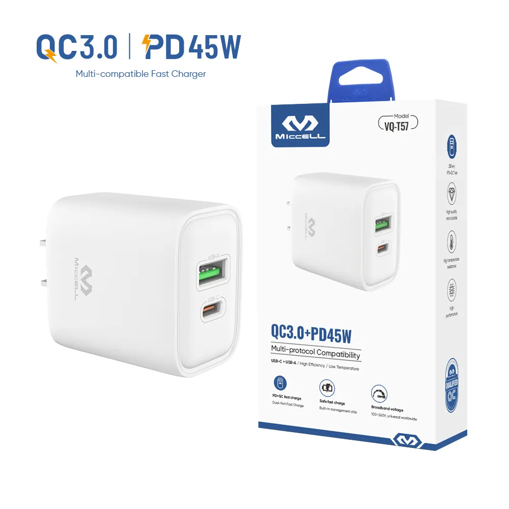 Cargadores de teléfono móvil Miccell tipo C para Samsung 45W cargador súper rápido PD 45W adaptador de corriente USB C cargador dual USB