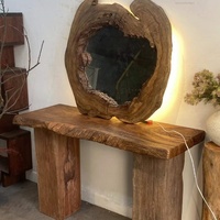 Wabi Sabi Rustic Style Live Edge Solid Wood LED Mirror Natural Slab Entryway Furniture with Ambient Light Console Table