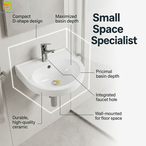 Lavabo mural d'angle compact en céramique pour salle de bain, idéal pour appartement - Sanitaire mural mini - Product Image 3