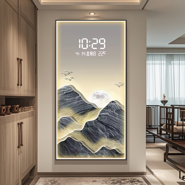 Modern Luxury LED Digital Clock Landscape Crystal Porcelain Painting Wall Painting Creative Home Decoration Wall Clock