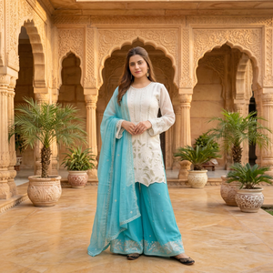Nouveau costume Sharara 3 pièces de style fête, avec broderies lourdes et sequins, réversible et extensible, par un créateur - Product Image 1