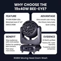 Projecteur LED RVBW 19x40W à tête mobile, effet faisceau et wash, zoom, contrôle de pixel unique, DMX512, activé par le son, pour scène, concert et location