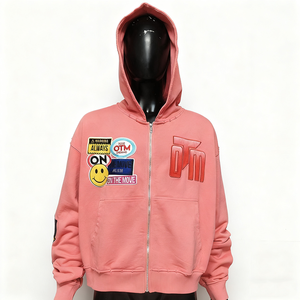 Bordado Patchwork French Terry Oversized Zipper Hombres Sudaderas con capucha Custom 100% Cotton Boxy Distressed Acid Wash Zip up Hoodie - Product Image 1