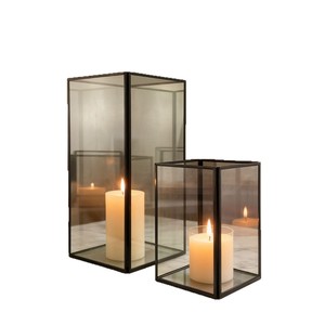 Ensemble de 3 lanternes de table décoratives <span class=keywords><strong>en</strong></span> métal avec cadre <span class=keywords><strong>en</strong></span> fer et couvercle <span class=keywords><strong>en</strong></span> <span class=keywords><strong>verre</strong></span>, forme géométrique rectangulaire, coupe-vent - Product Image 5