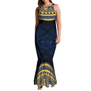 Drop Shipping Large Size Halter Hollow Out Sleeveless Mermaid Dresses Customized Polynesian Tattoo Printed Fishtail Prom Dress
