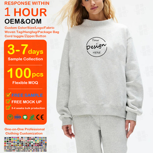 Sweat-shirt col montant personnalisé en coton épais, style streetwear, pull brodé en molleton, coupe oversize, gris, pour femme - Product Image 1