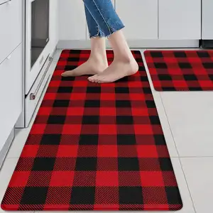 2PCS Black and Red Kitchen Rugs Non Skid Waterproof Memory Foam Kitchen Mats Cushioned