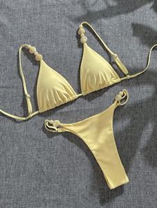 Conjunto de Bikini Sexy con Tanga para Mujer RUIQUWIN, Color Sólido, con Cuentas y Cordón Ajustable, Ecológico, con Logotipo Frontal, Traje de Baño para Playa, Piscina y Vacaciones - Product Image 2