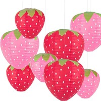 Lanternes 3D rouges et roses en forme de fraises, lanternes en papier sur le thème des fraises, lanternes artisanales pour la décoration de fête d'anniversaire