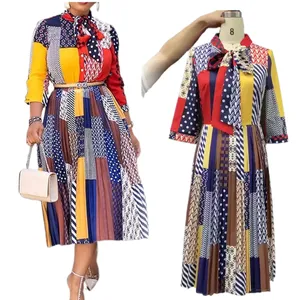 Phụ Nữ Của Quần Áo Phụ Nữ Thương Hiệu Mới Mùa Thu Giản Dị Hoa Dài Tay Áo Váy Thời Trang Châu Phi xếp li Ăn Mặc