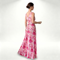 Robe longue plissée élégante à motif floral pour femme, coupe trapèze, sans manches, col en V, découpes à la taille, fentes, romantique, printemps/automne, pour vacances à la plage ou soirées