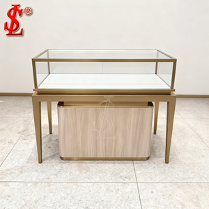 <span class=keywords><strong>Vitrina</strong></span> de Exhibición para Joyería con Puertas Corredizas y Cerraduras, Marco de Acero Inoxidable Color Oro Champán Pulido, Superficie Crema - Product Image 3