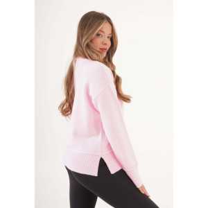 เสื้อสเวตเตอร์ไหมพรมสีชมพูพิมพ์ลายลำลองสำหรับผู้หญิง ไซส์ XS พร้อมดีเทลผ้าริบและรอยผ่าข้าง สำหรับฤดูหนาว ขายส่ง - Product Image 3