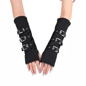 Moda Unisex negro hebilla calentadores de brazo Sexy Punk Rock gótico mujeres negro diablo brazo largo codo sin dedos GUANTES DE Cosplay