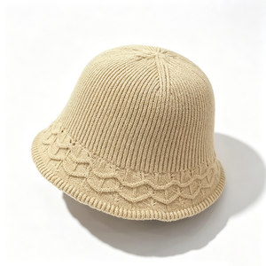 OEM ODM Custom Logo Unisex Beige Striped <b>Leaf</b> Cable Knit Bucket Fisherman Hat Soft Warm Ribbed Knitted All Season - Product Image 6