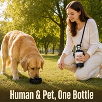 Bouteille d'eau 2-en-1 pour humains et animaux NicePets |   Bouteille isotherme avec compartiment pour croquettes |   Gobelet de voyage double usage pour chien et chat, pour l'extérieur
