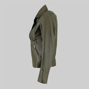 Chaqueta de Motociclista de Cuero Verde para Mujer, Chaqueta de Motociclista Asimétrica de Doble Capa en Cuero PU/Cuero Genuino de Primera Calidad - Product Image 5