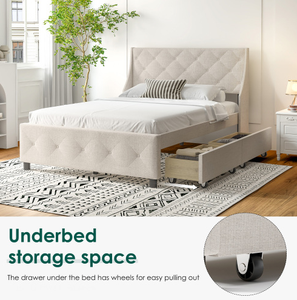 Queen Size <b>Soft</b> Bed Frame Storage Headboard Wood Platform Bed No Noise Mattress Foundation Strong Wood Slats Support No <b>Box</b> - Product Image 2