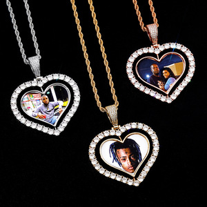 Trendy Custom DIY CZ Pendant Necklace Iced Hollow Love Heart Revolving Picture Frame Brass Plated Rope Photo <strong>Memory</strong> <strong>Gift</strong> - Product Image 1