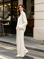 Ensemble 2 pièces pour femmes : Pantalon décontracté en maille anti-plis 12GG (70 % viscose, 30 % nylon) et pull à col montant