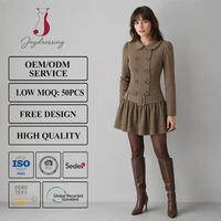 Robe Mini Marron de Fabricant Joydressing, Col Peter Pan, Double Boutonnage, Ourlet Évasé, Ceinturée, Vente en Gros