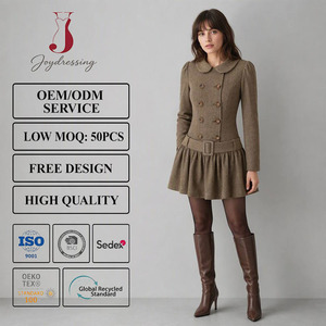 <span class=keywords><strong>Abito</strong></span> Mini <span class=keywords><strong>Marrone</strong></span> con Colletto Peter Pan, Doppio Petto, Orlo Svasato e Cintura - Produzione e Vendita all'Ingrosso Joydressing - Product Image 1