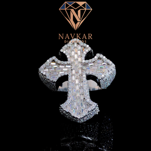 แหวนเพชรทรงกากบาท NAVKAR ทองคำขาว ทรงบาแก็ตต์ ได้รับการรับรองจาก GIA เครื่องประดับทางศาสนาสำหรับทุกเพศ แหวนสำหรับผู้ชาย - Product Image 1