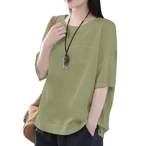 Women's Plus Size Fashion Solid Cotton Linen O-Neck Loose T-<b>Shirt</b> Casual Summer Ladies Top - Product Image 1