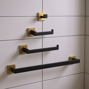 Set di accessori per il bagno, 4 pezzi, in ottone nero opaco, design minimalista da parete per il bagno - Product Image 2