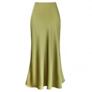 Jupe mi-longue en satin à l'acide acétique K2113 pour femme, coupe sirène, taille amincissante, ligne A, ajustée aux hanches, taille haute - Product Image 5