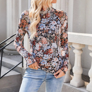 Blusa de manga larga con <span class=keywords><strong>cuello</strong></span> <span class=keywords><strong>alto</strong></span> y diseño floral de malla hueca, estilo boutique, ajustada, para <span class=keywords><strong>mujer</strong></span>, venta al por mayor - Product Image 4
