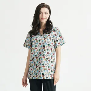 Uniforme de algodão de enfermeira estampada, camisa feminina pescoço em v, roupa cirúrgica de médico