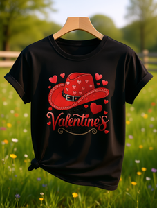 T-shirt da donna occidentale per San Valentino, a maniche corte, girocollo, con stampa di cuore e cappello da cowboy, elegante, primaverile/estivo, casual e alla moda - Product Image 2