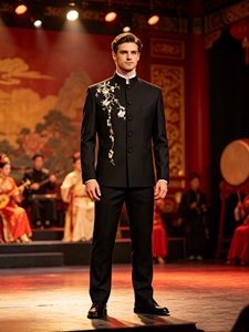 Costume homme blanc à col mandarin, ensemble 2 pièces, <span class=keywords><strong>veste</strong></span> tunique style chinois à motifs floraux dorés et pantalon habillé pour <span class=keywords><strong>mariage</strong></span> et spectacle - Product Image 3