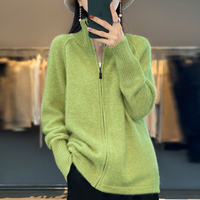 Cardigan en cachemire épais et confortable sur mesure pour femme, avec double fermeture éclair, manches longues, tricot ample