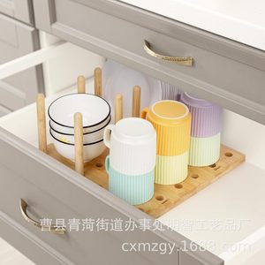 Bamboo Dish Drainer <b>Plate</b> Cup Storage <b>Rack</b> Multi Purpose Kitchen Organizer Natural Wood Color Square Shape - Product Image 3