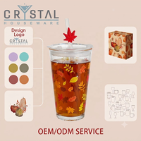 Botol Air Kaca 420ml dengan Tutup Sedotan, Cetak Logo Kustom CRYSTAL, Dekal Bunga, Mug Teh Transparan, Cangkir Jus untuk Kafe