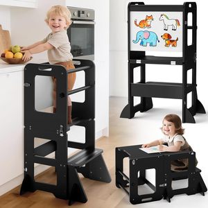 Tabouret de cuisine 4-en-1 pour tout-petits, tour d'apprentissage avec tableau blanc, tabouret d'aide en bois pour enfants - Product Image 1