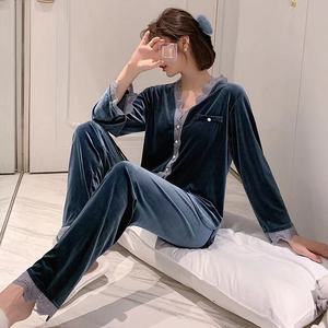 Oro <span class=keywords><strong>velluto</strong></span> pigiami delle donne vestito a maniche lunghe cardigan del merletto di modo di stile estero di usura Coreano <span class=keywords><strong>velluto</strong></span> delle donne di usura di casa - Product Image 4