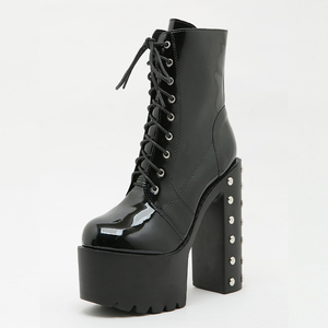 Bottines noires pour femmes XSD, nouveau style printemps, bout carré, cuir verni brillant, talons hauts, bottines courtes pour soirée - Product Image 5