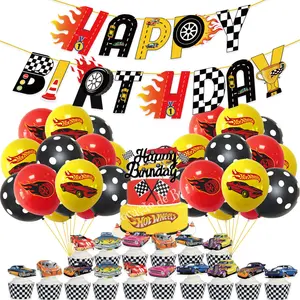 赛车风火轮生日横幅黄色黑色红色气球汽车纸杯蛋糕礼帽套装